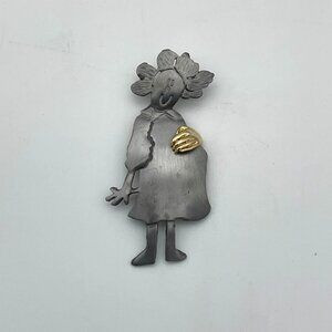 Ultracraft Large 3 in Pewter Pregnant Lady Vintage Brooch Gold Tone Hand Accent